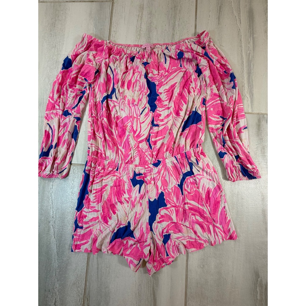 Lilly Pulitzer Pink Blue Tropical Leaf Off Shoulder Long Sleeve Romper Medium